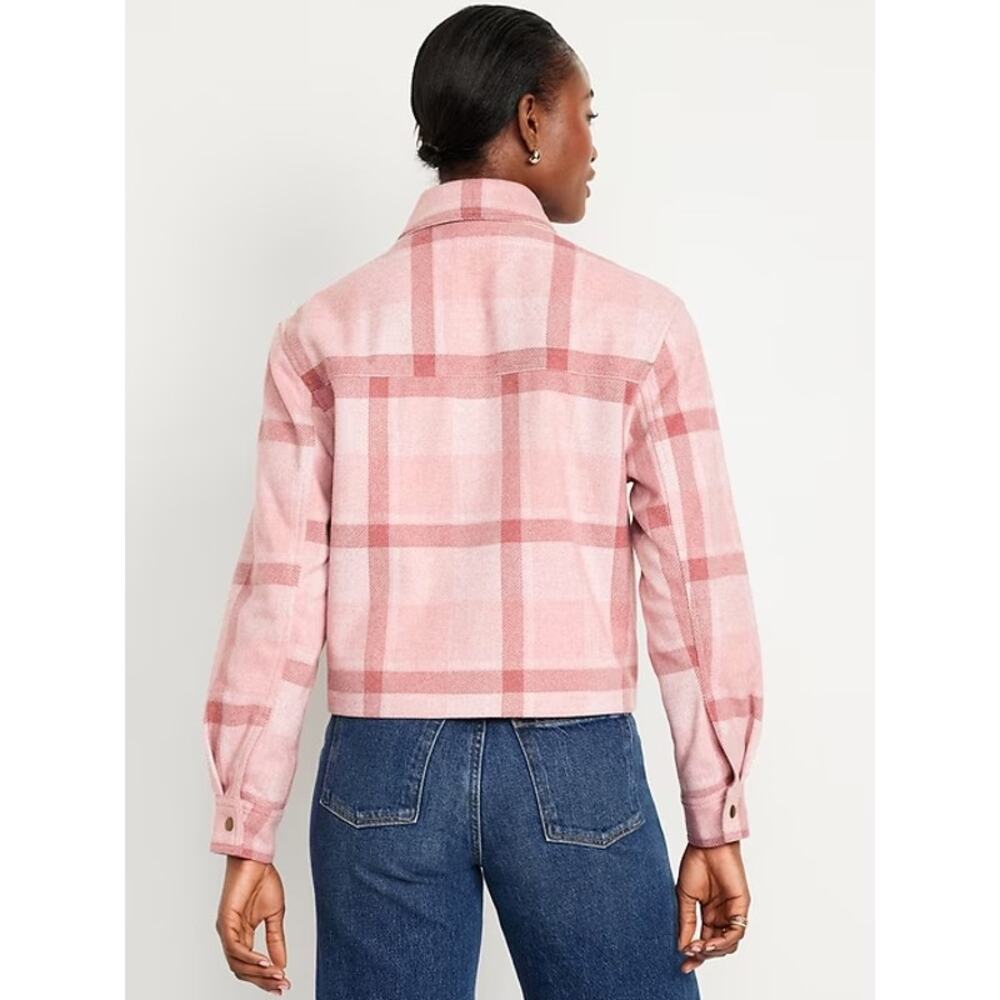 Old Navy Pink Plaid Relaxed Shirt Jacket Full Zip Cropped Utility Shacket M - Picture 4 of 12